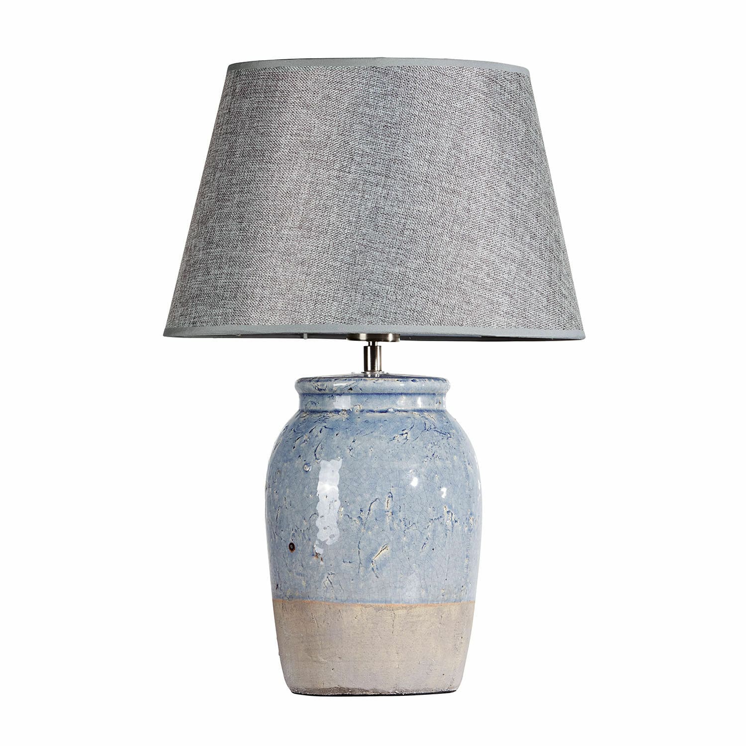 Stolní lampa Manly Stolní lampa s modrou keramickou základnou a šedým textilním stínidlem do obývacího pokoje