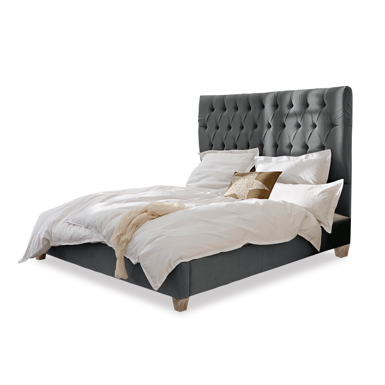 Postel Benton se šedým prošívaným čelem a dřevěnými nohami, čalouněná látkou