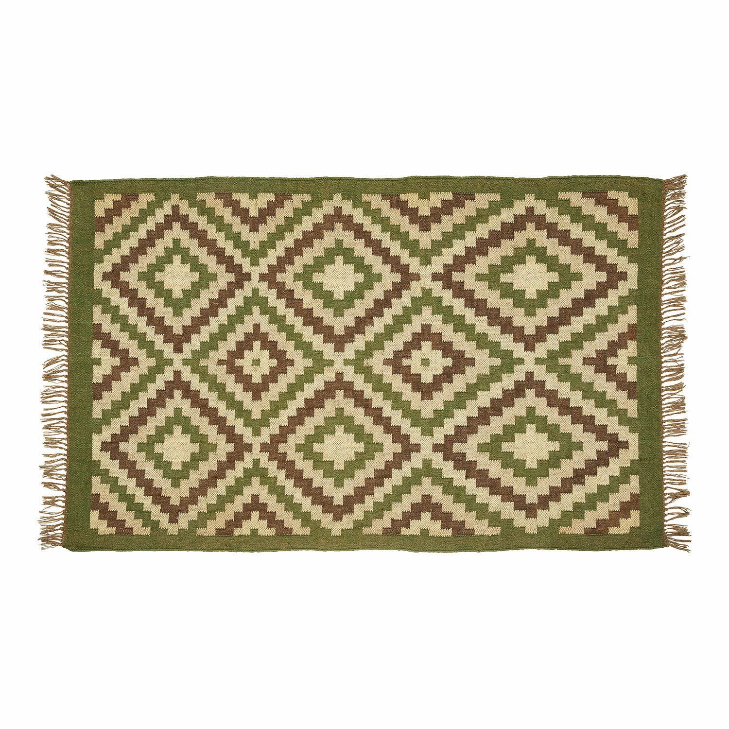 Koberec Dailies s geometrickým vzorem v zelené, béžové a hnědé barvě, tkaný materiál, dekorace