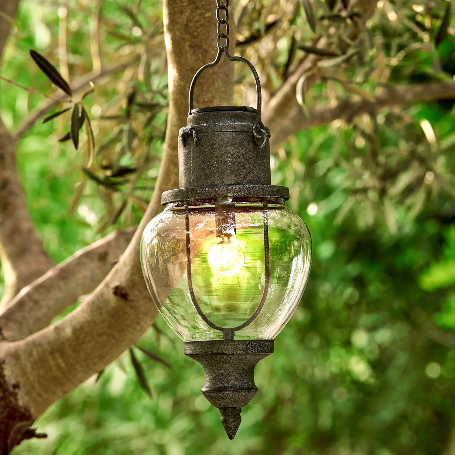 Závěsná solární lucerna Relixan Závěsná venkovní lampa z šedého kovu s průhledným skleněným stínidlem, zahradní osvětlení