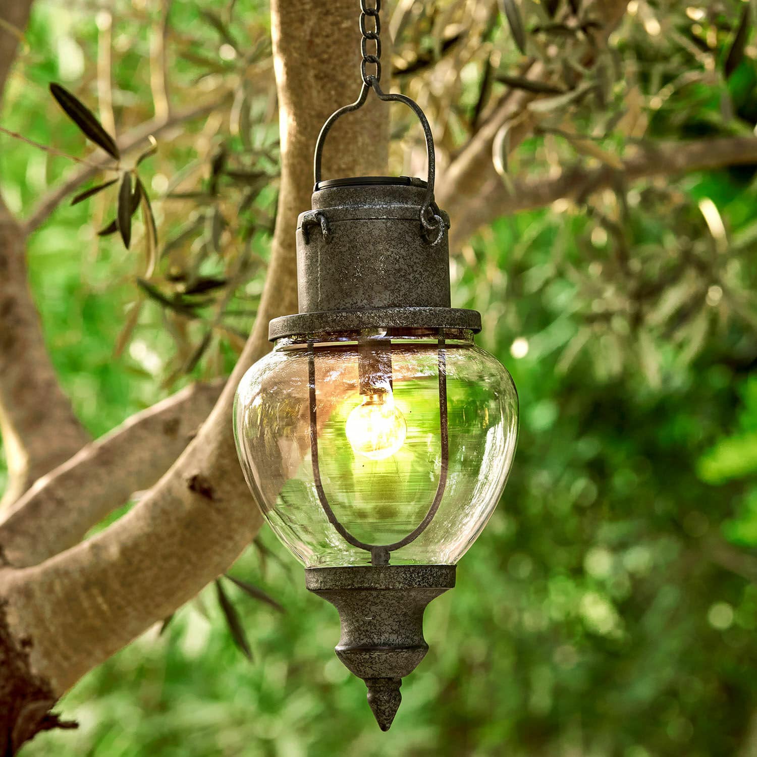 Závěsná solární lucerna Relixan Závěsná venkovní lampa z šedého kovu s průhledným skleněným stínidlem, zahradní osvětlení