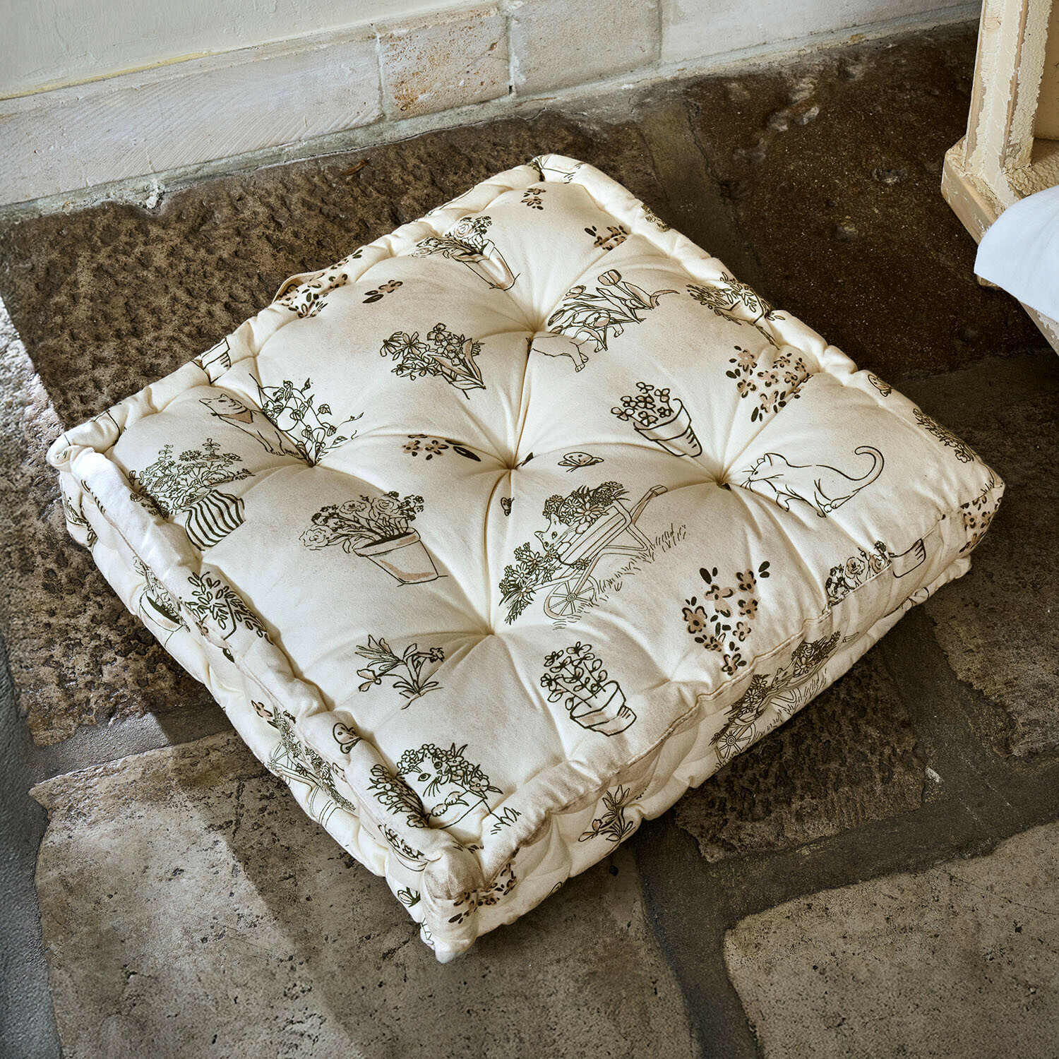 Tlustý krémový polštář na podlahu s motivem rostlin a kočky, měkká bavlna, dekorace interiéru