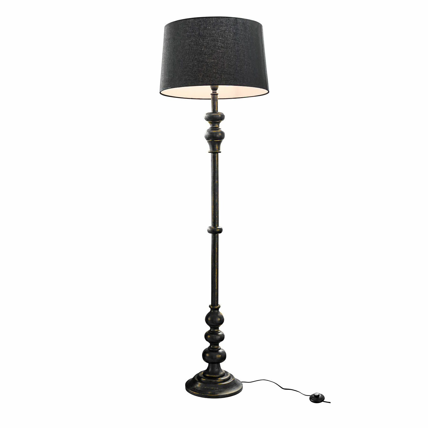 Stojací lampa Reville Černá stojací lampa z kovu s textilním stínidlem, vintage design do obývacího pokoje