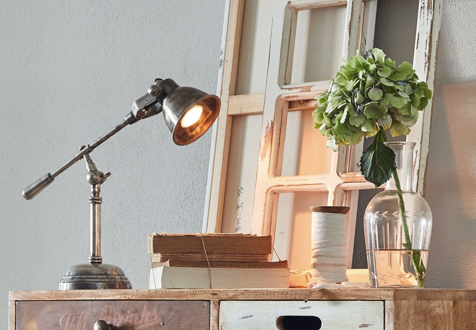 Průmyslová kovová stolní lampa na dřevěném stole s knihami a váza se zelenou květinou