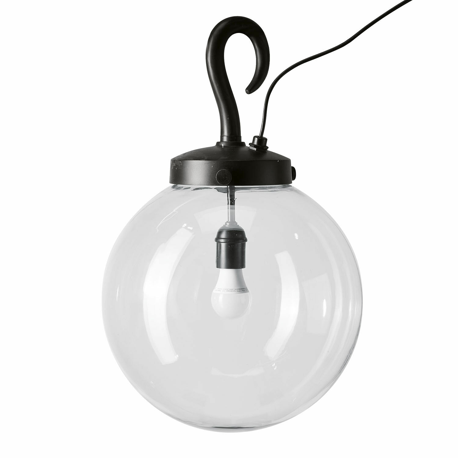Kulatá zahradní lampa Marey z černého kovu a čirého skla, moderní venkovní osvětlení