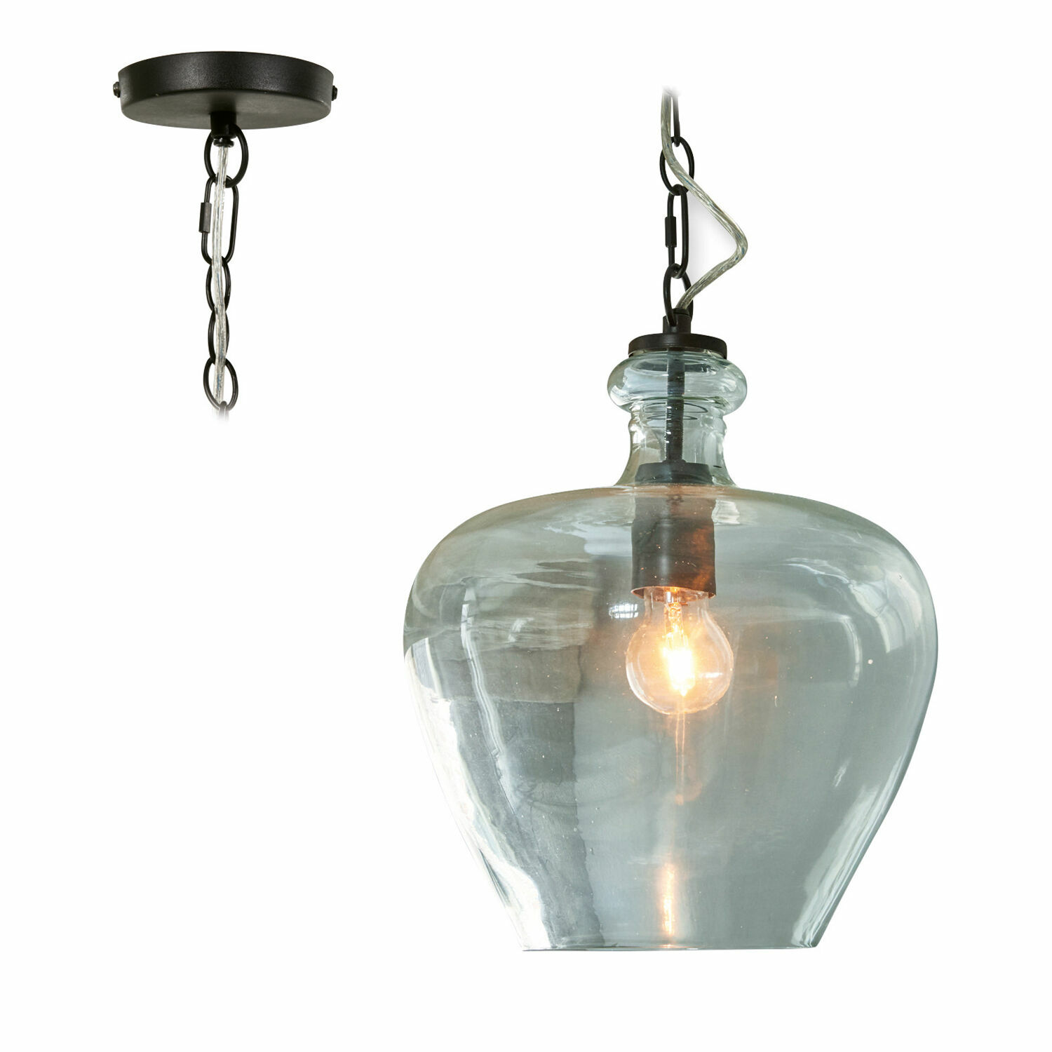 Závěsná lampa Morazan Skleněné závěsné svítidlo s černým kovovým řetězem a teplou žárovkou pro interiérové osvětlení