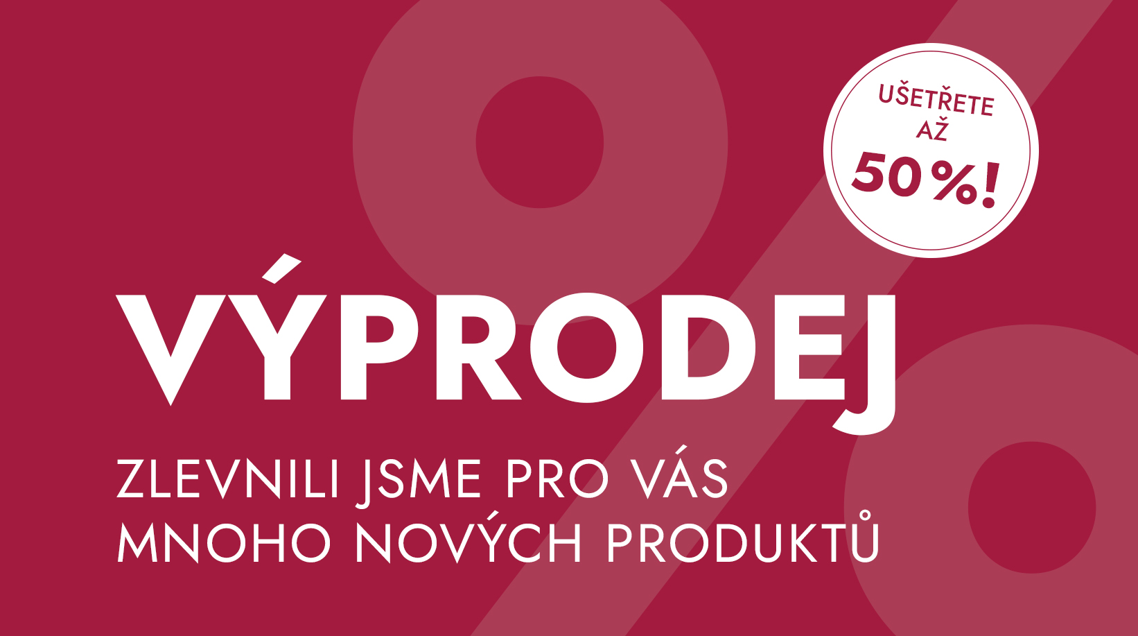 Červené pozadí s nápisem výprodej a informací o slevě až 50 procent