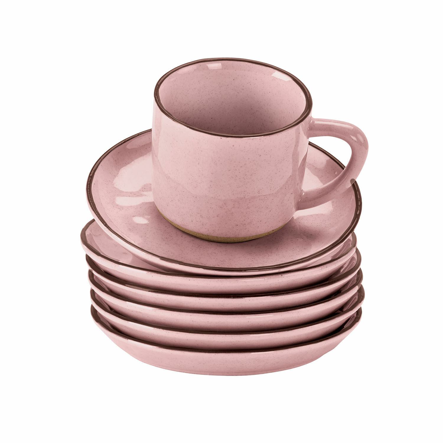 růžová Sada 6 růžových keramických šálků s podšálky, elegantní design pro domácí kávu