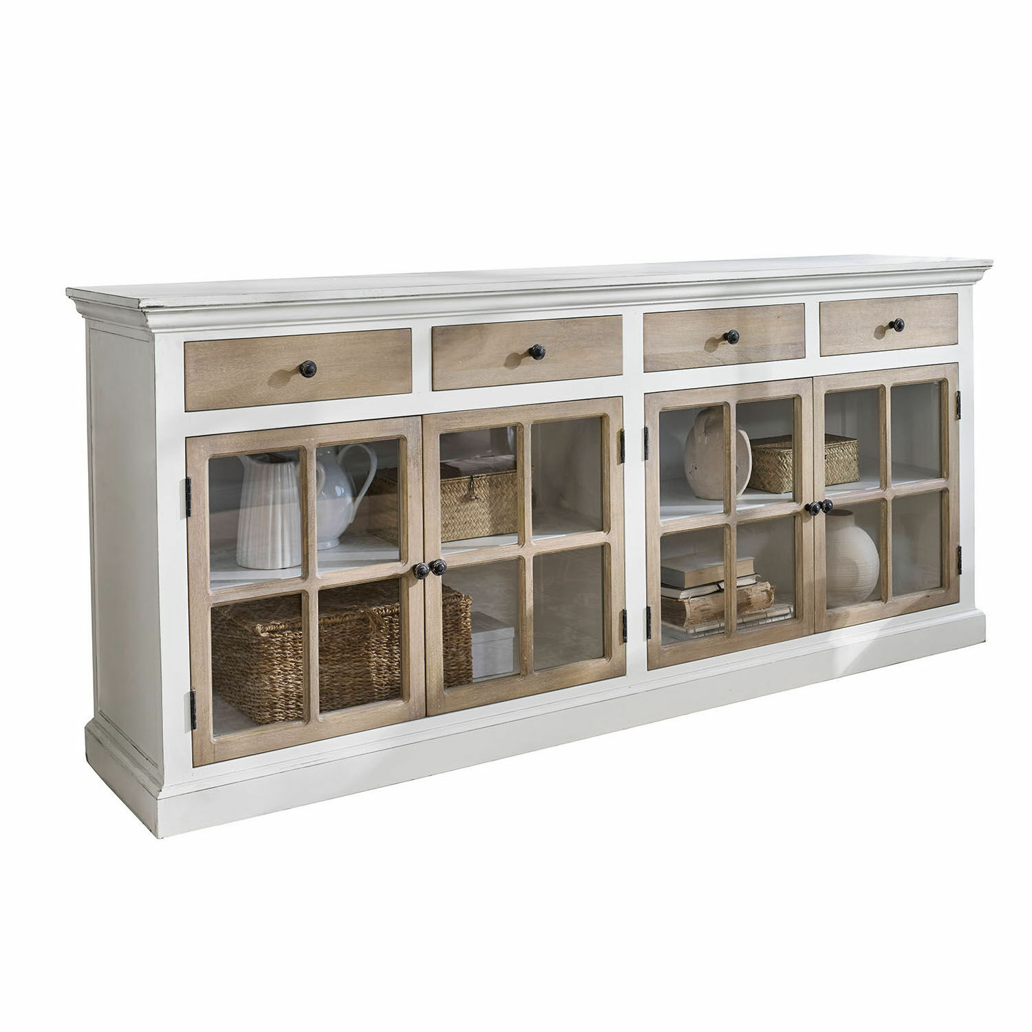 Bílá dřevěná komoda s šuplíky a prosklenými dveřmi v rustikálním stylu