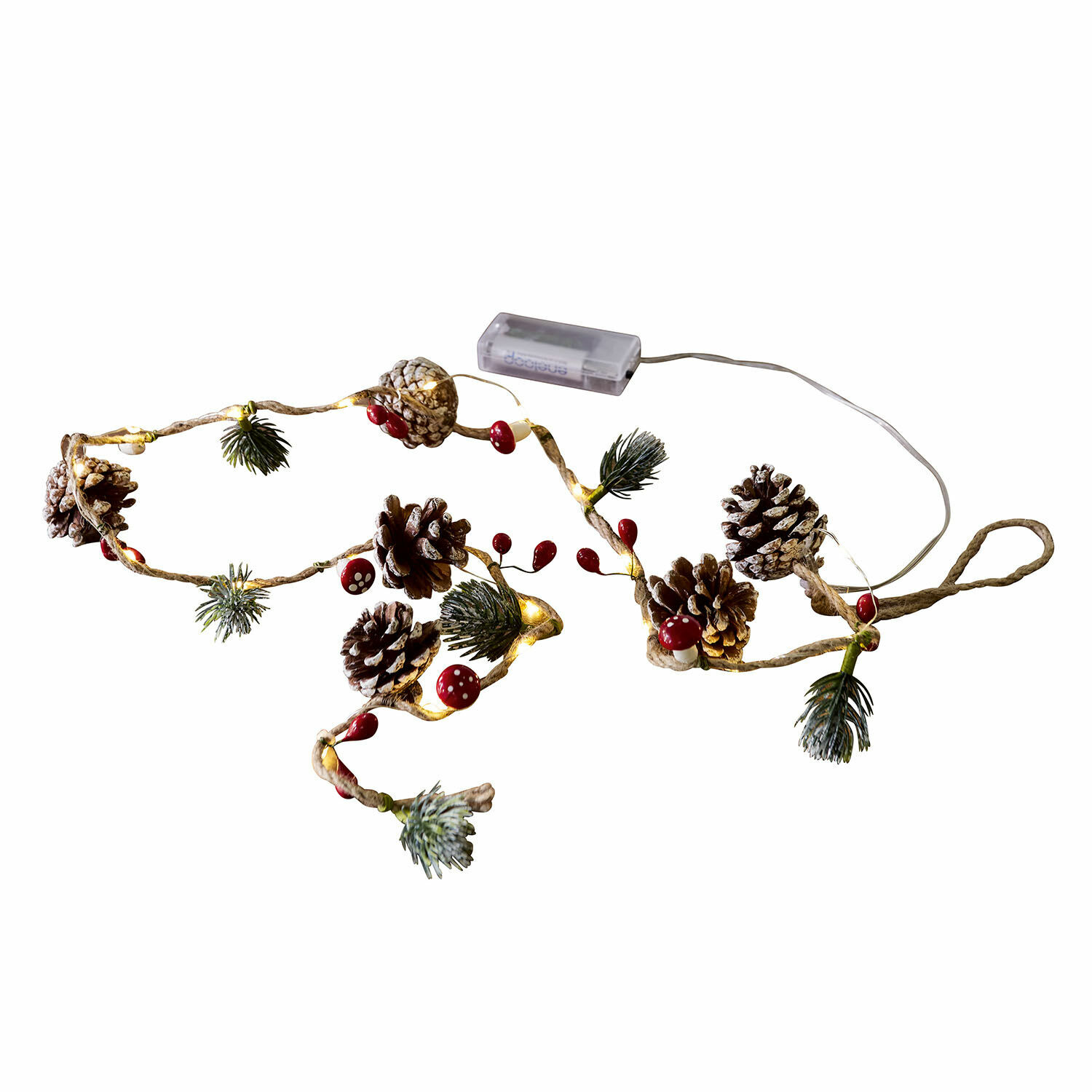 Vánoční girlanda s šiškami, červenými bobulemi a zelenými větvičkami s teplým LED osvětlením