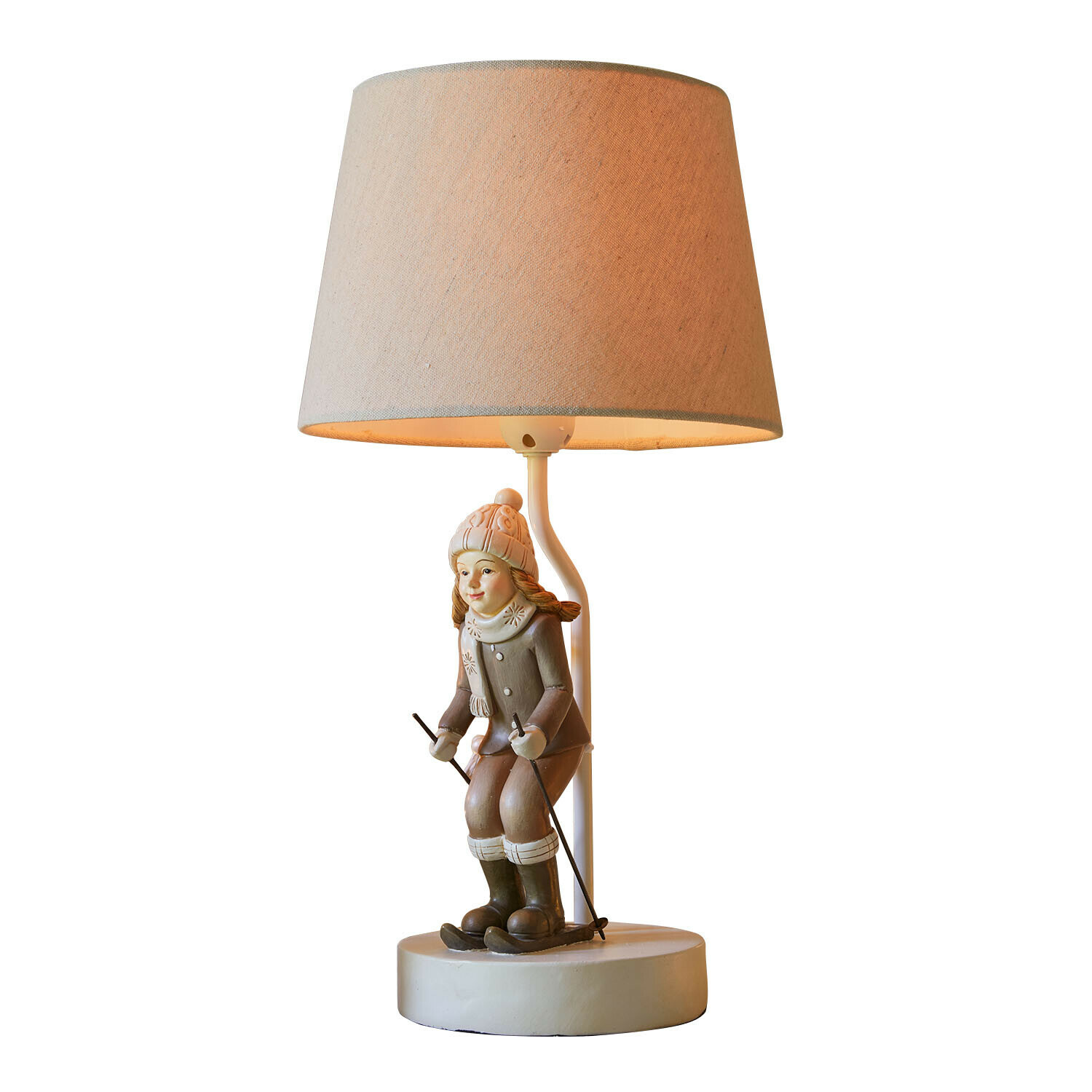 Stolní lampa Avirae Stolní lampa s figurkou lyžařky v béžové barvě a látkovým stínidlem, zimní dekorace
