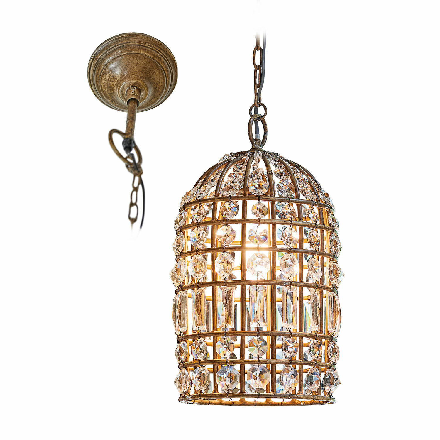 Závěsné svítidlo Phyllis Závěsná lampa se zlatým kovovým rámem a křišťálovými ozdobami pro elegantní osvětlení
