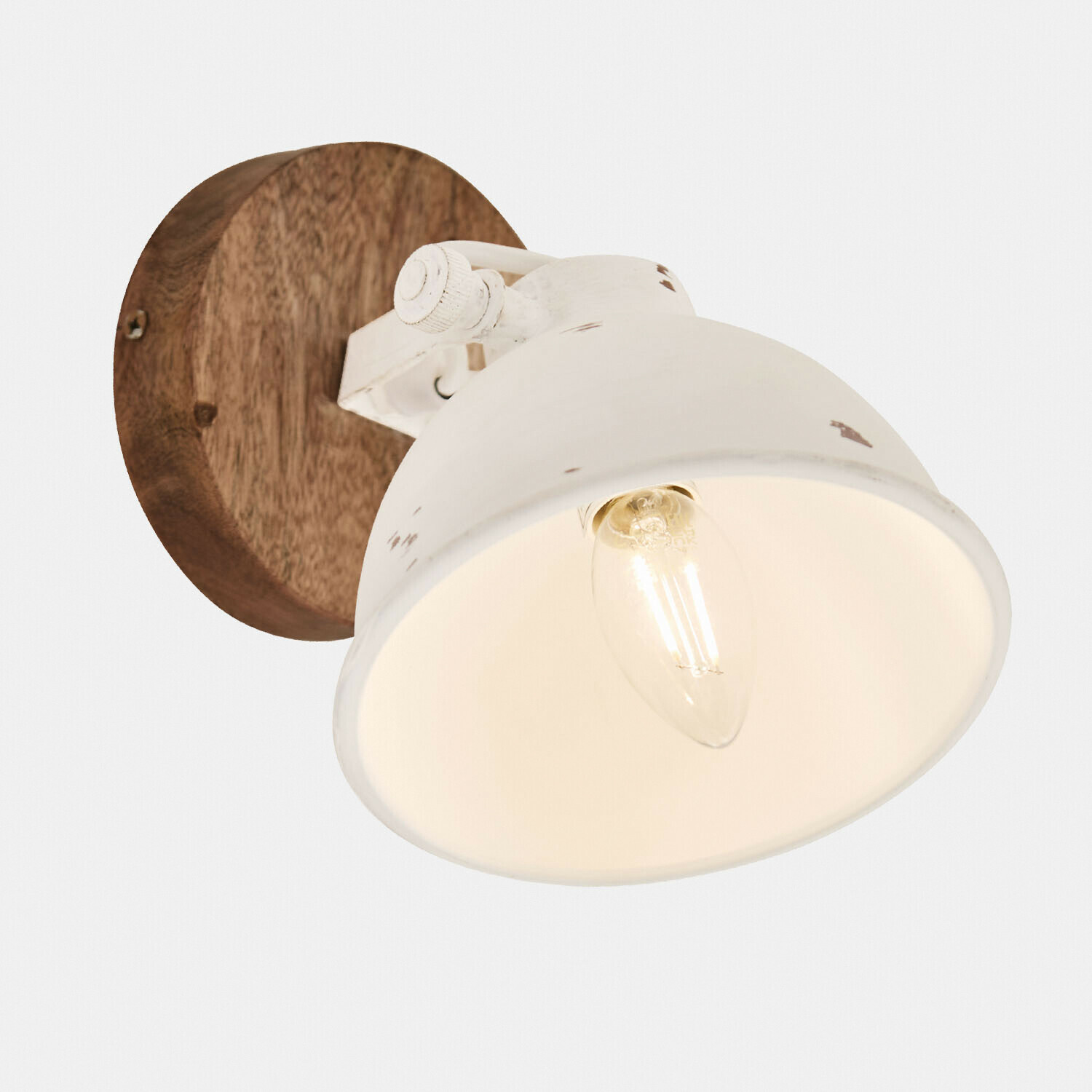 starožitná bílá/hnědá Nástěnné svítidlo Ball z dřeva a kovu v antickém bílém odstínu, stylová lampa do interiéru