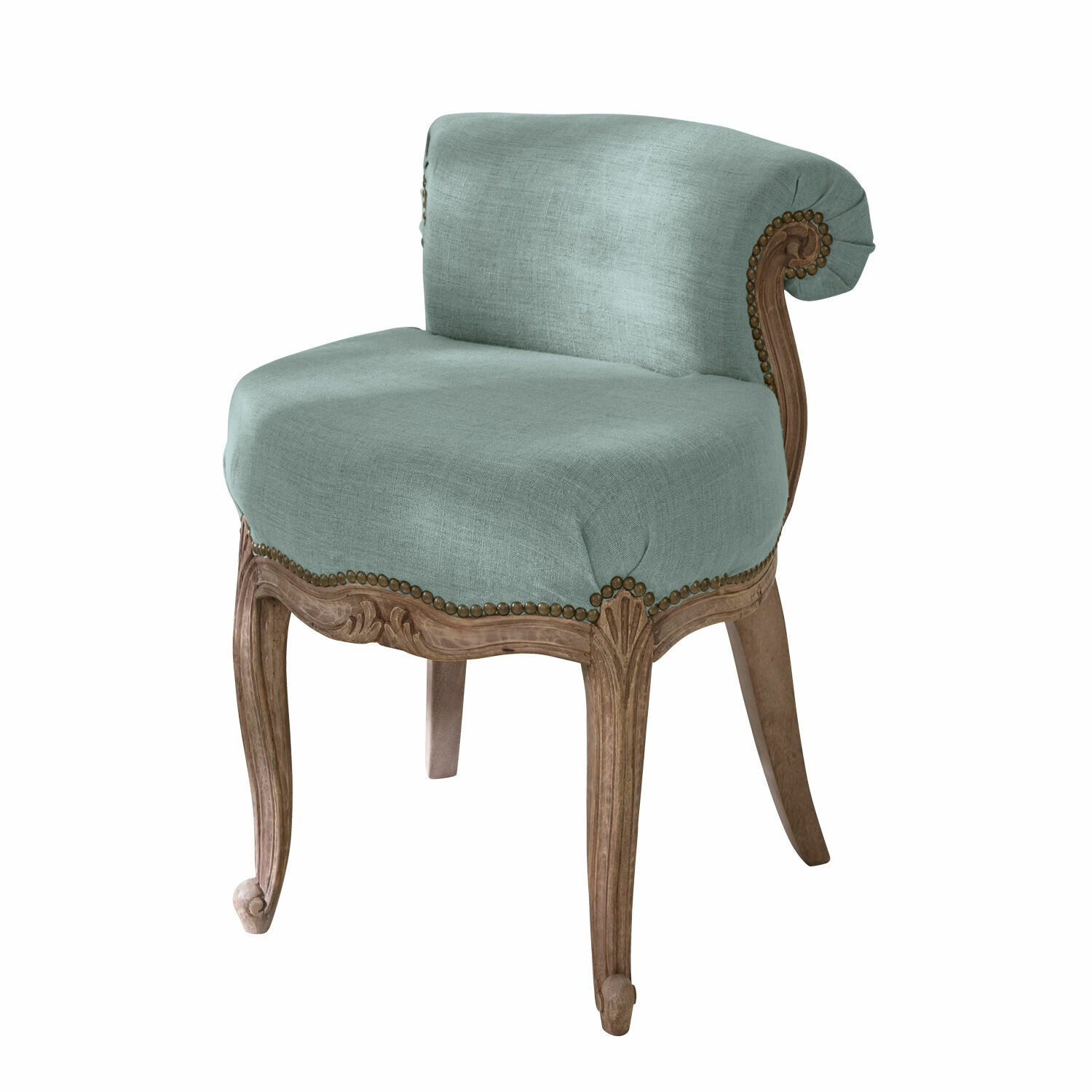 modrá Křeslo Rivel s modrým látkovým potahem a dřevěným rámem, elegantní vintage styl