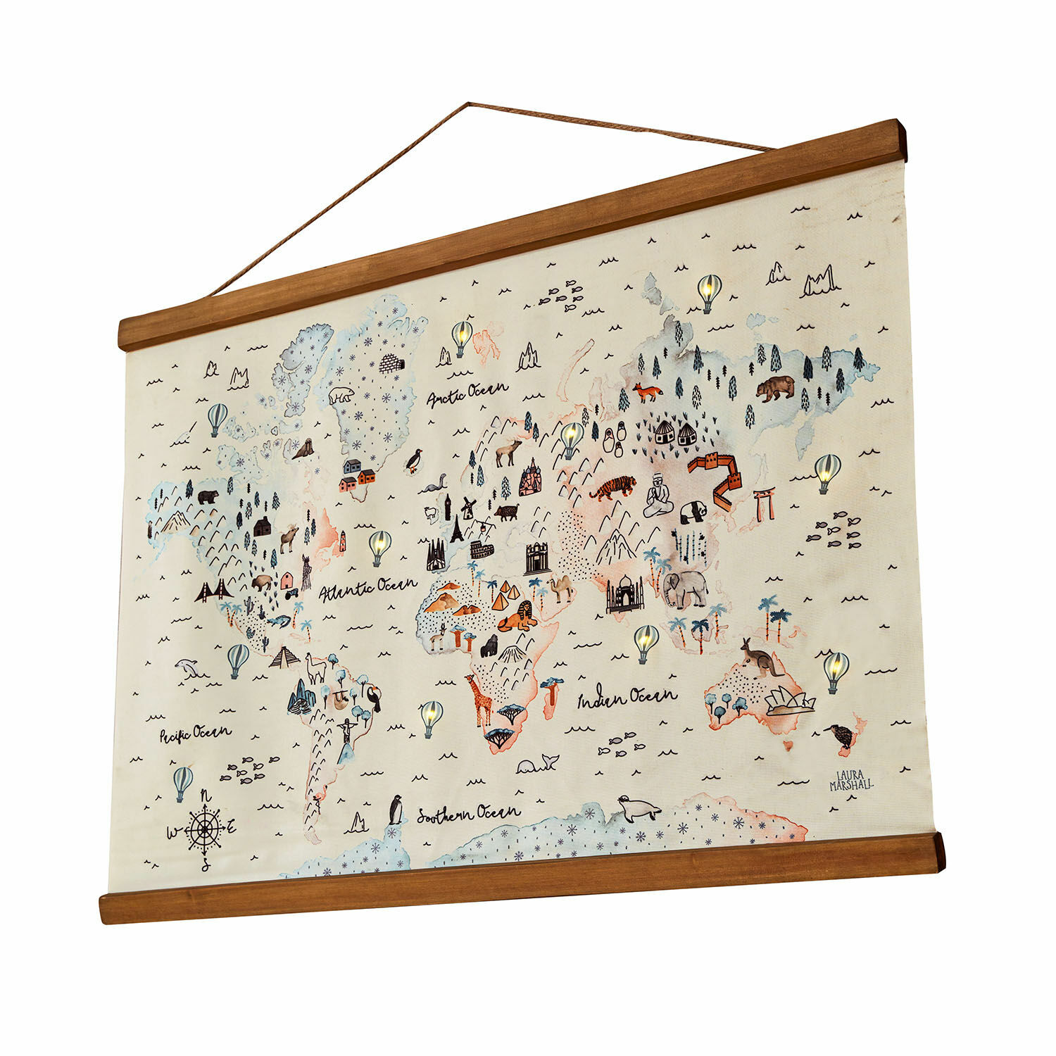 Mapa světa LED Chaumont Světová mapa na plátně s dřevěným rámem, ilustrace zvířat a památek, nástěnná dekorace
