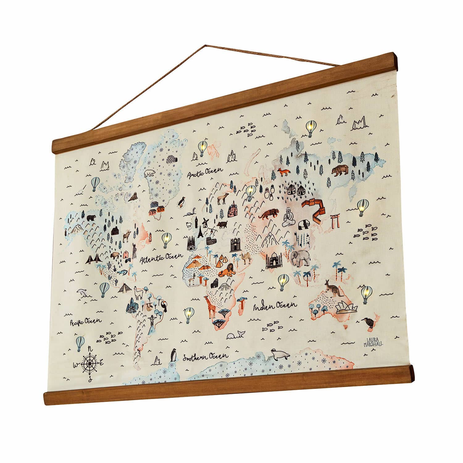 Mapa světa LED Chaumont Světová mapa na plátně s dřevěným rámem, ilustrace zvířat a památek, nástěnná dekorace