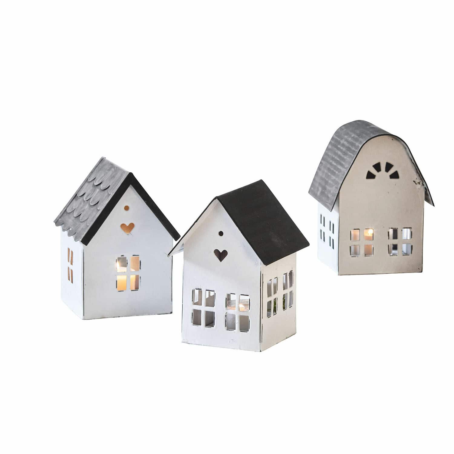 Lucerna, 3dílná sada Lambray Sada tří kovových luceren ve tvaru domků v bílé a šedé barvě pro interiérovou dekoraci