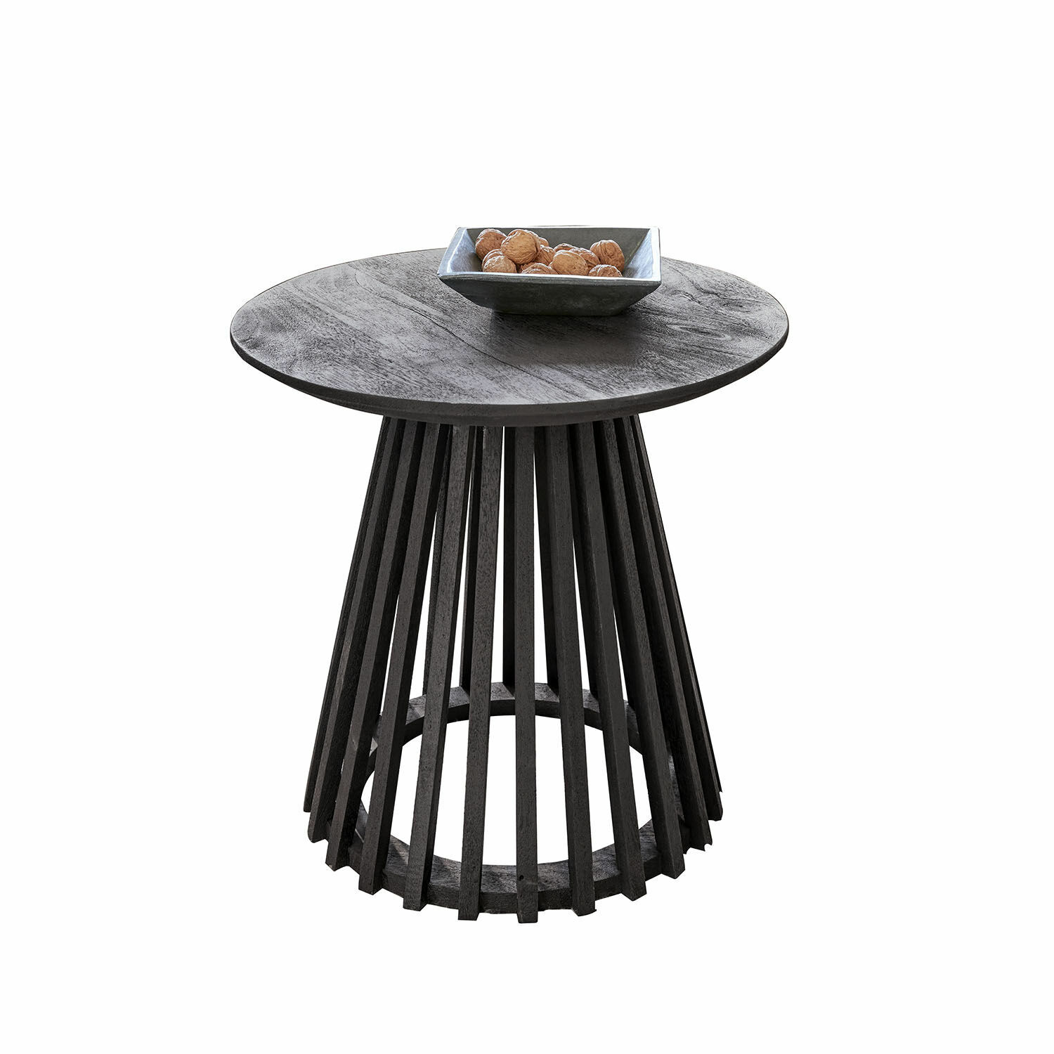 Odkládací stolek Montaril Kulatý černý dřevěný odkládací stolek s ozdobnou podstavou a miskou ořechů na desce