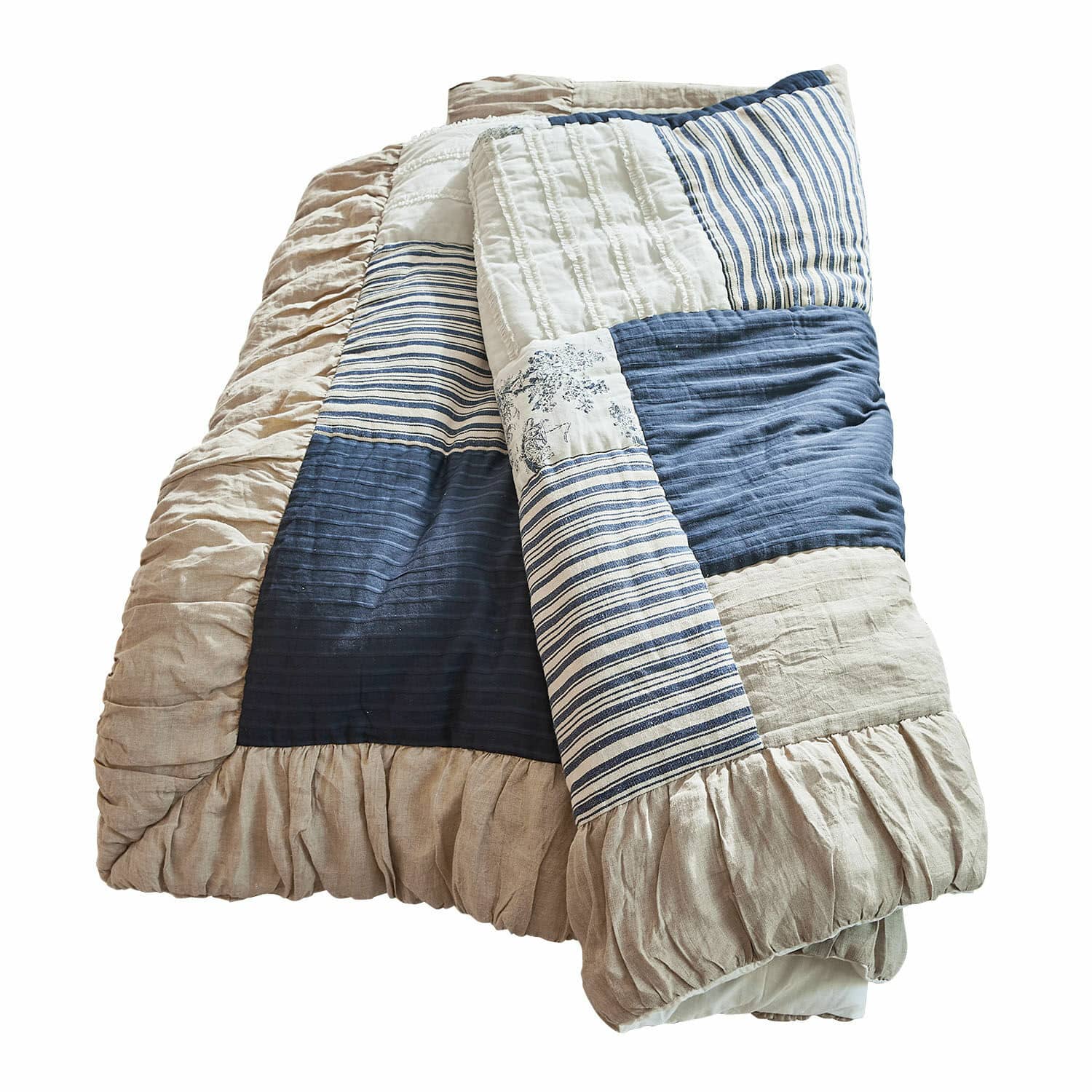 Přehoz Felencio Prošívaná přikrývka patchwork z bavlny a lnu v béžové a modré barvě, dekorativní ložní prádlo