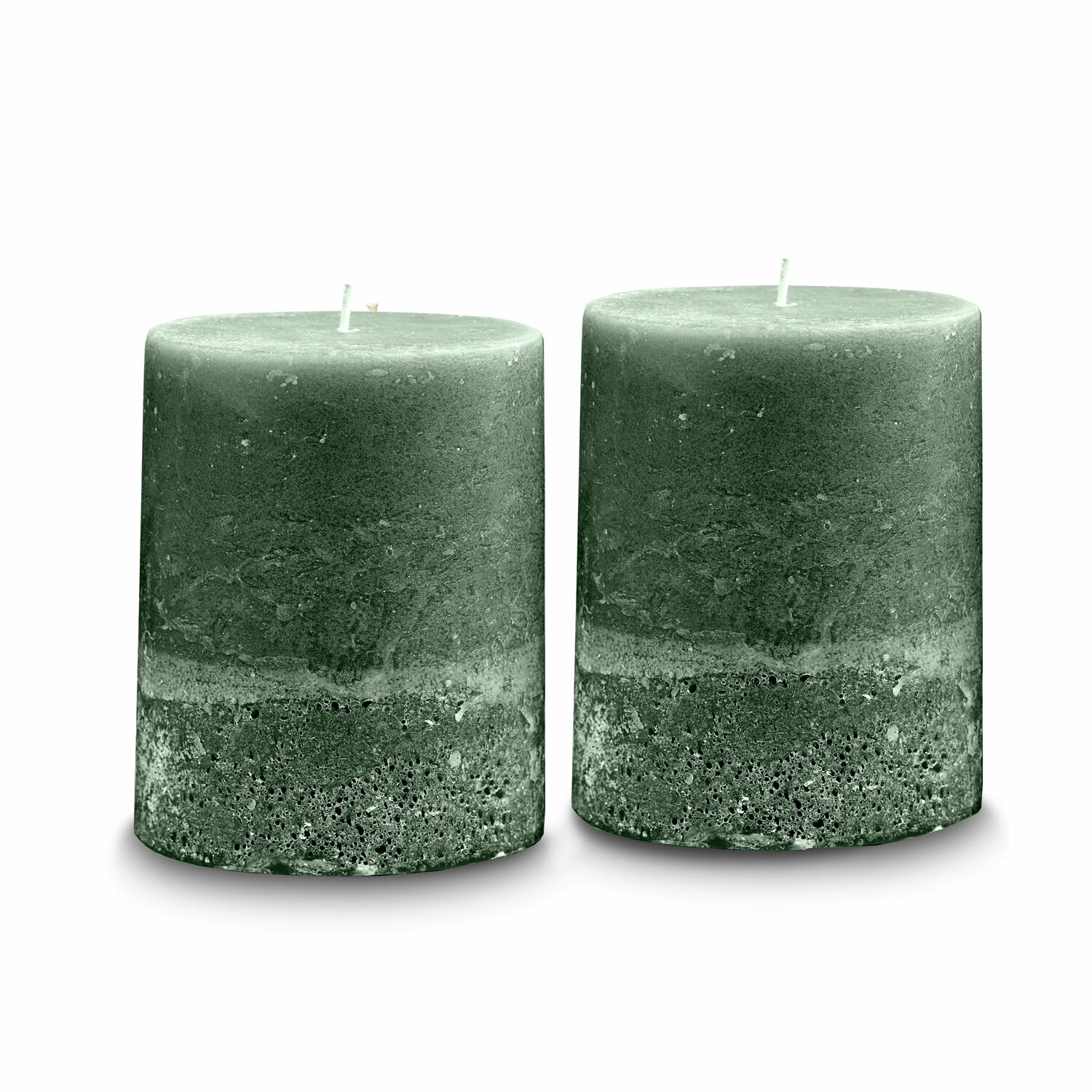 Sada 2 zelených svíček Oviedo s rustikální texturou pro domácí dekoraci