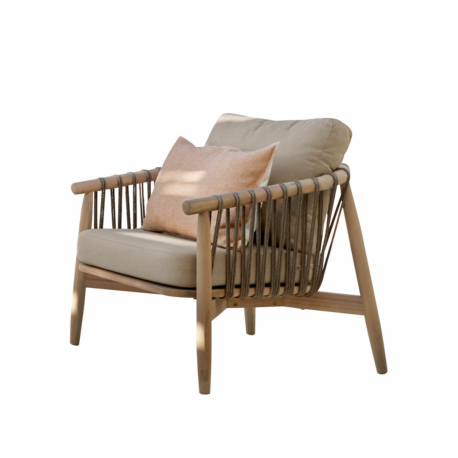 Křeslo FSC®-100% Thornwick Křeslo z dřeva a lana s béžovými polštáři, moderní relaxační nábytek do obývacího pokoje