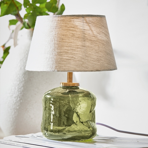 Stolní lampa ze zeleného skla s béžovým stínidlem, dekorativní lampa do obývacího pokoje