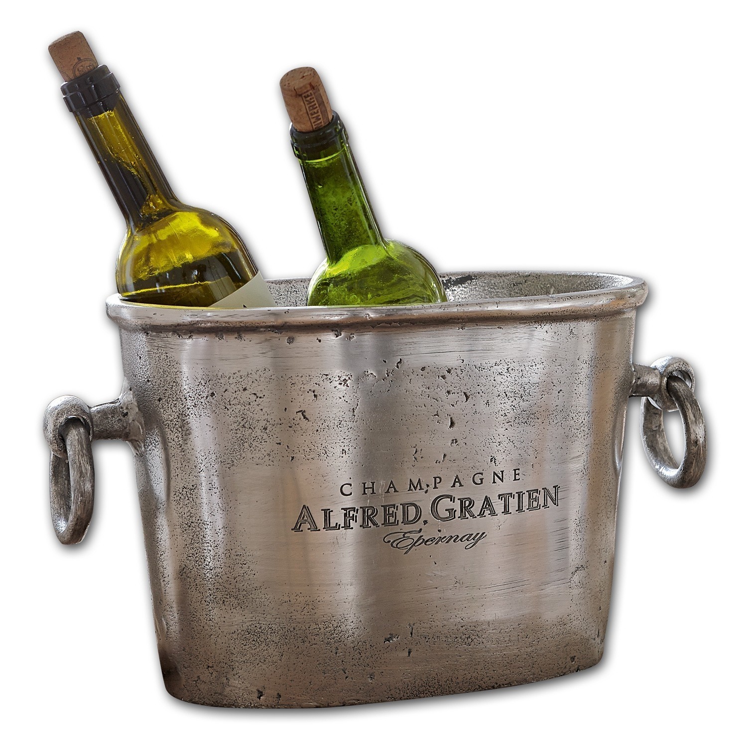 Chladicí nádoba na sekt Alfred Kovový chladicí kbelík na víno s nápisem Alfred Gratien, stříbrný s dvěma lahvemi vína s korkem