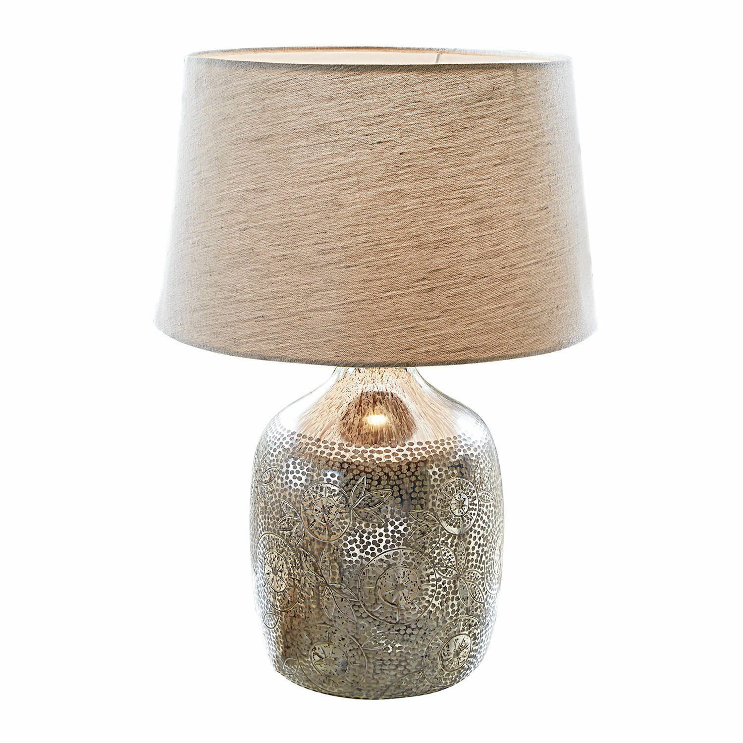 Stolní lampa Leonarda Stolní lampa se zlatou kovovou základnou a béžovým látkovým stínidlem pro domácí osvětlení