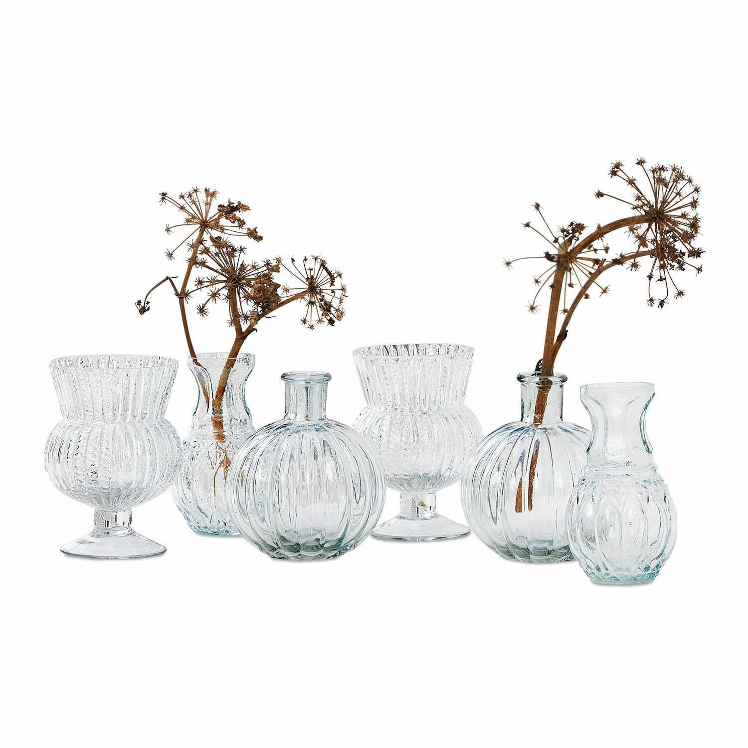 Vázy, 6dílná sada Amber Sada šesti průhledných skleněných váz se sušenými květinami, dekorace na stůl