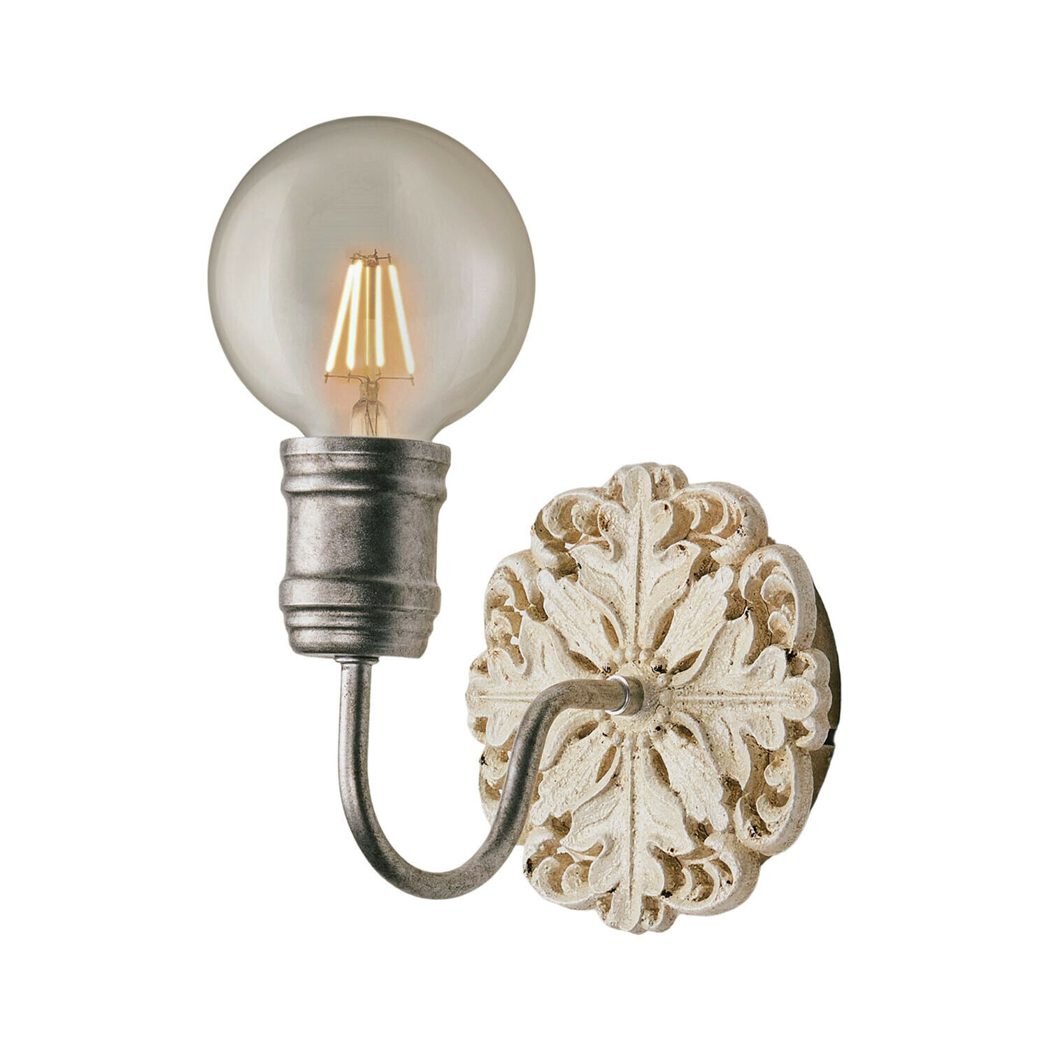 Nástěnná lampa Rosavelle Nástěnné svítidlo s kovovým ramenem a ozdobnou bílou vintage základnou s LED žárovkou