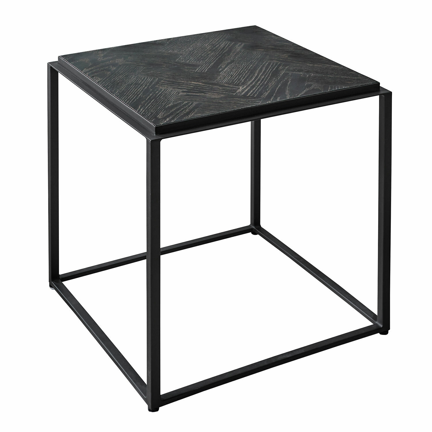 Odkládací stolek Lumesto Čtvercový odkládací stolek z černého kovu a tmavého dřeva s geometrickým vzorem, moderní design
