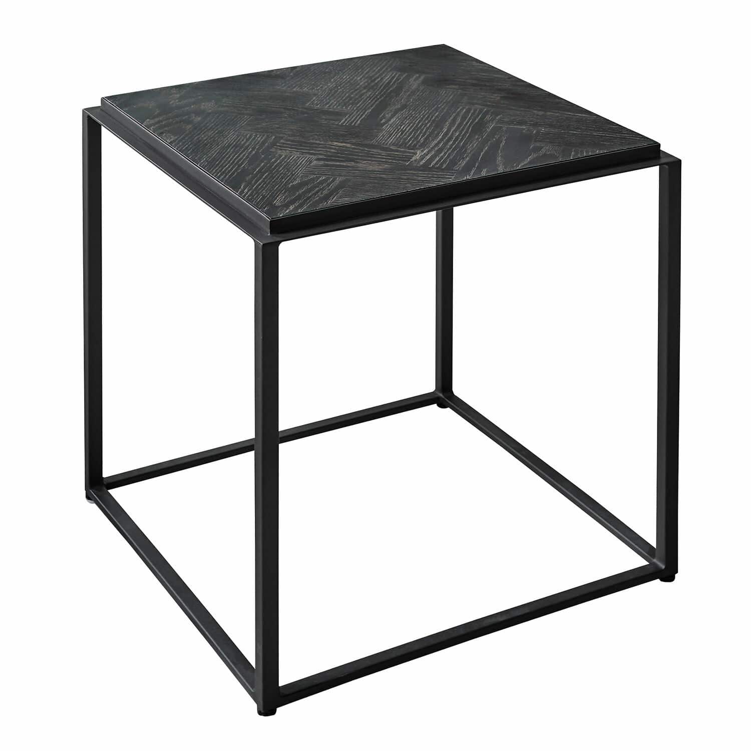 Odkládací stolek Lumesto Čtvercový odkládací stolek z černého kovu a tmavého dřeva s geometrickým vzorem, moderní design