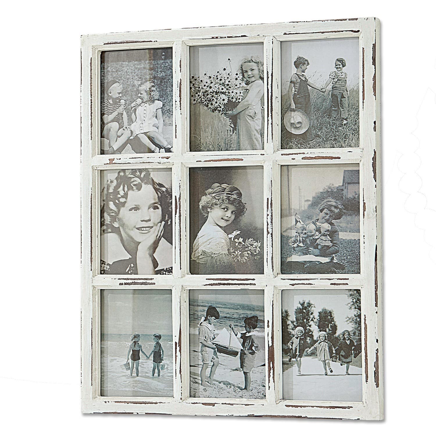Rámeček na fotky Vira Rustikální bílý dřevěný fotorámeček s devíti černobílými fotografiemi dětí ve vintage stylu