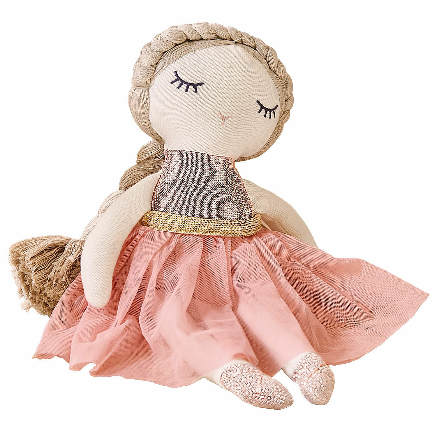 Látková panenka Pebblino Měkká látková panenka v růžových tylových šatech se zlatým páskem, dětská dekorativní hračka