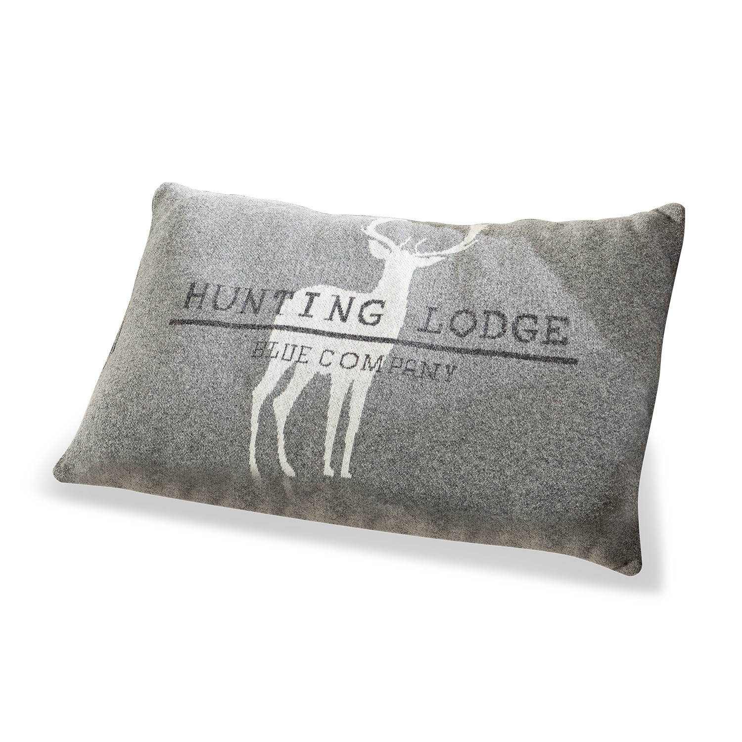 Polštář Lodge Šedý dekorativní polštář s motivem jelena a nápisem Hunting Lodge, měkký materiál, rustikální styl