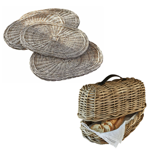 Sada proutěných prostírání a chlebník z přírodního materiálu v béžové barvě