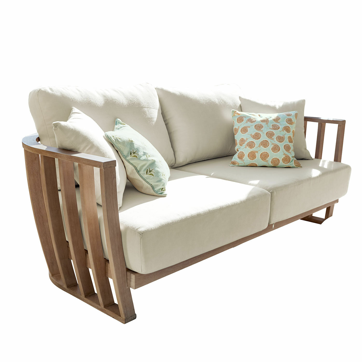 Venkovní pohovka FSC®-100% Vézère Světlé béžové sofa s dřevěnými boky a polštáři s motivem mušlí pro obývací pokoj