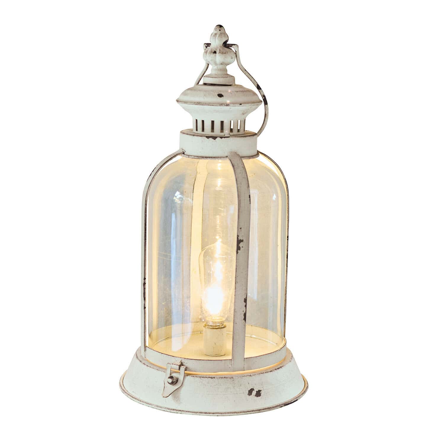 LED lucerna Lomera Bílá kovová lucerna s průhledným sklem a žárovkou, dekorativní retro lampa do interiéru