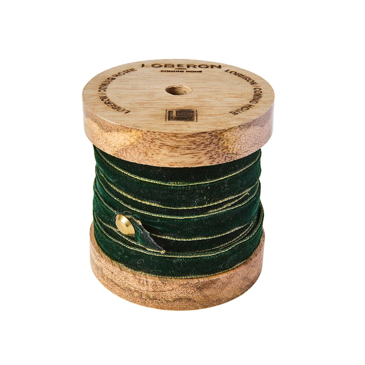 Tmavě zelená sametová stuha Sorima se zlatým lemem na dřevěné cívce pro dekorace a řemesla