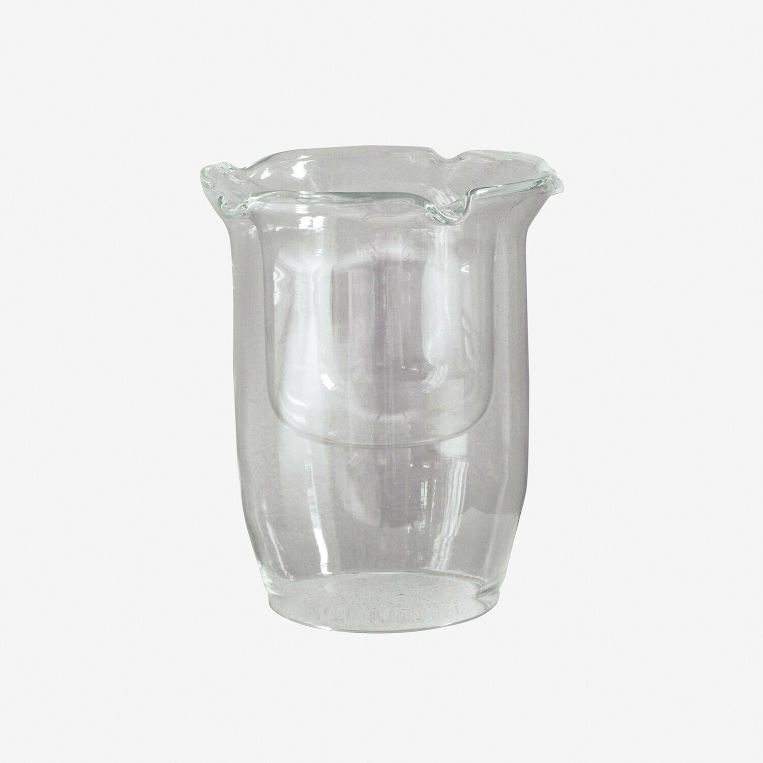 Průhledná skleněná váza s nepravidelným okrajem, interiérová dekorace, čiré sklo