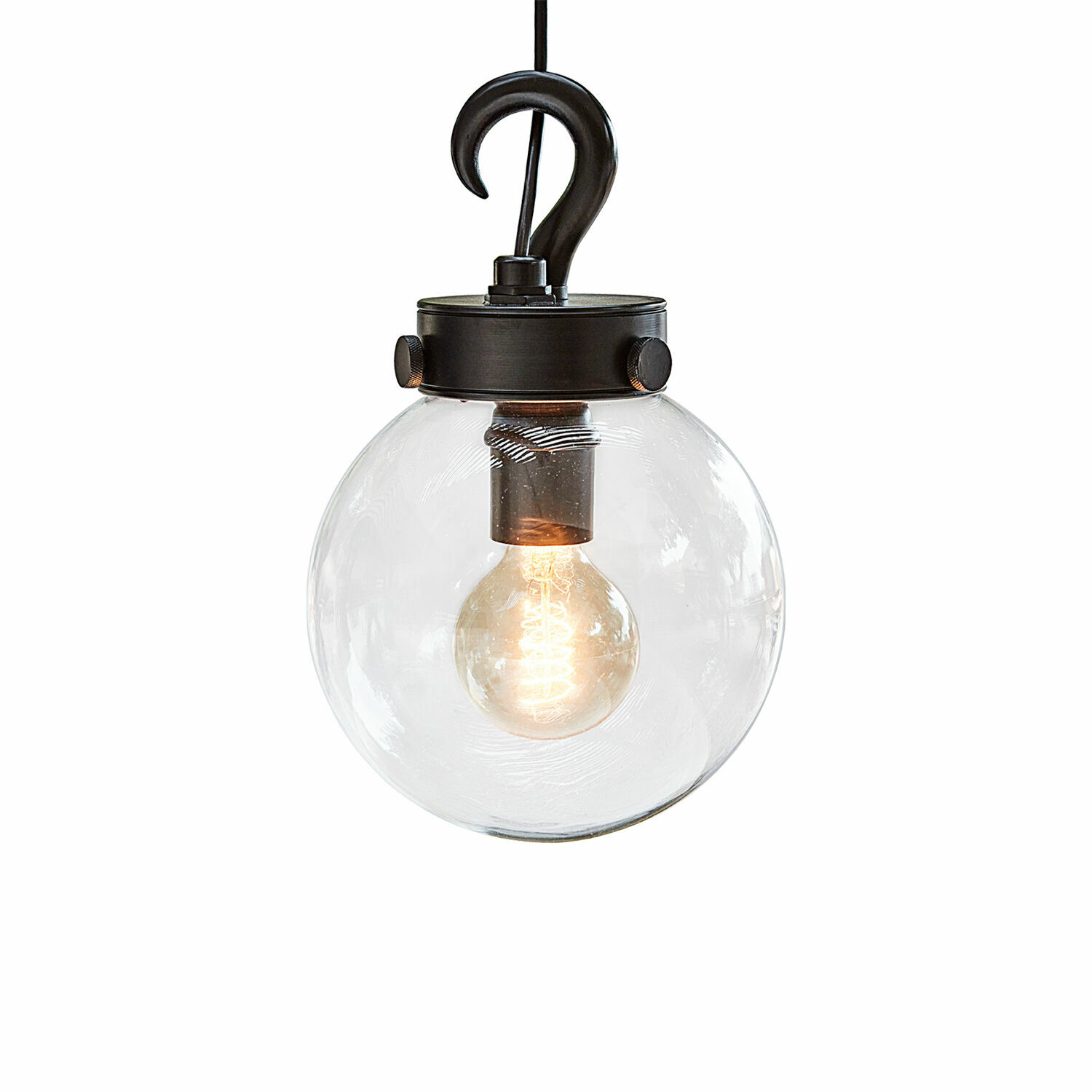 Černá zahradní lampa Marey s průhledným skleněným krytem a viditelnou LED žárovkou