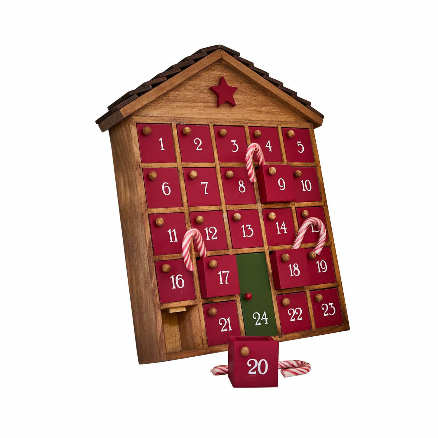 Adventní kalendář Zanari Dřevěný adventní kalendář ve tvaru domu s červenými dvířky a zelenými dveřmi číslo 24