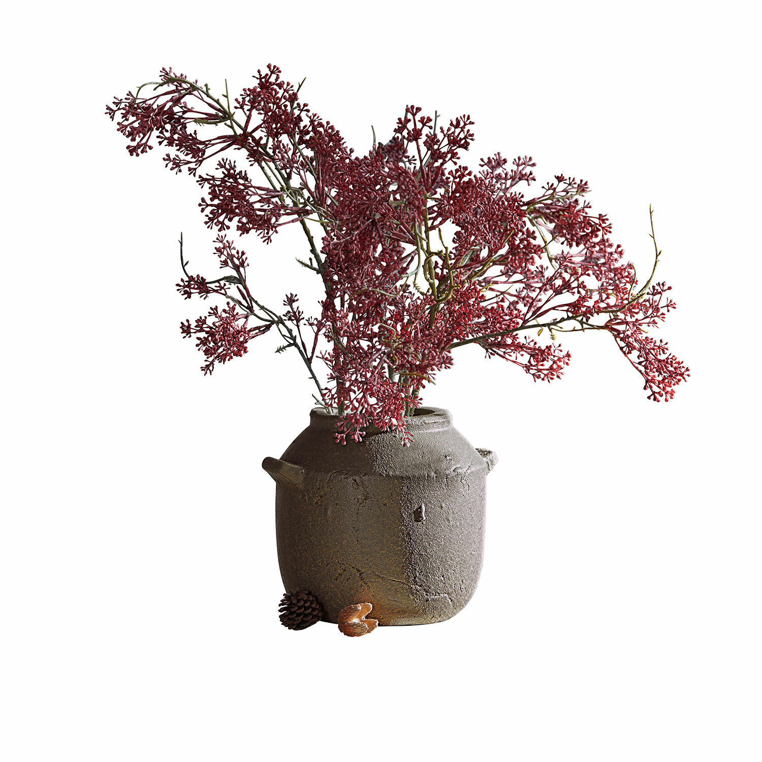 Váza Saintevoux Rustikální šedá keramická váza s červenými dekorativními větvičkami a šiškou vedle ní