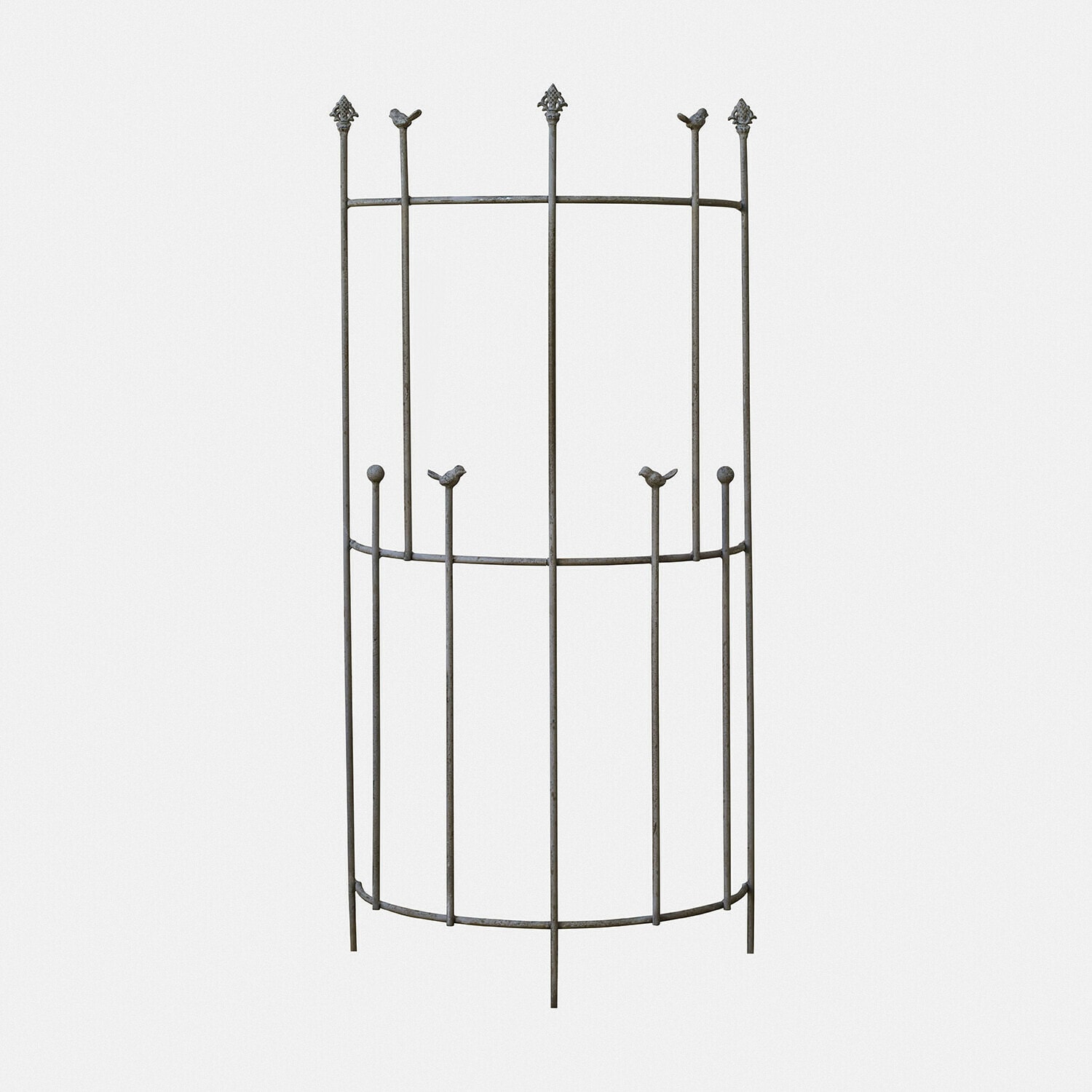 Šedý kovový ochranný rám na rostliny s dekorativními ptáčky a ozdobnými zakončeními
