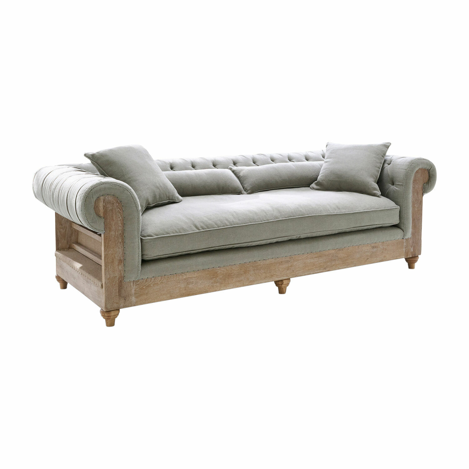 šedá/hnědá Sofa Kanani v šedé látce s hnědým dřevěným rámem, pohodlný nábytek do obýváku