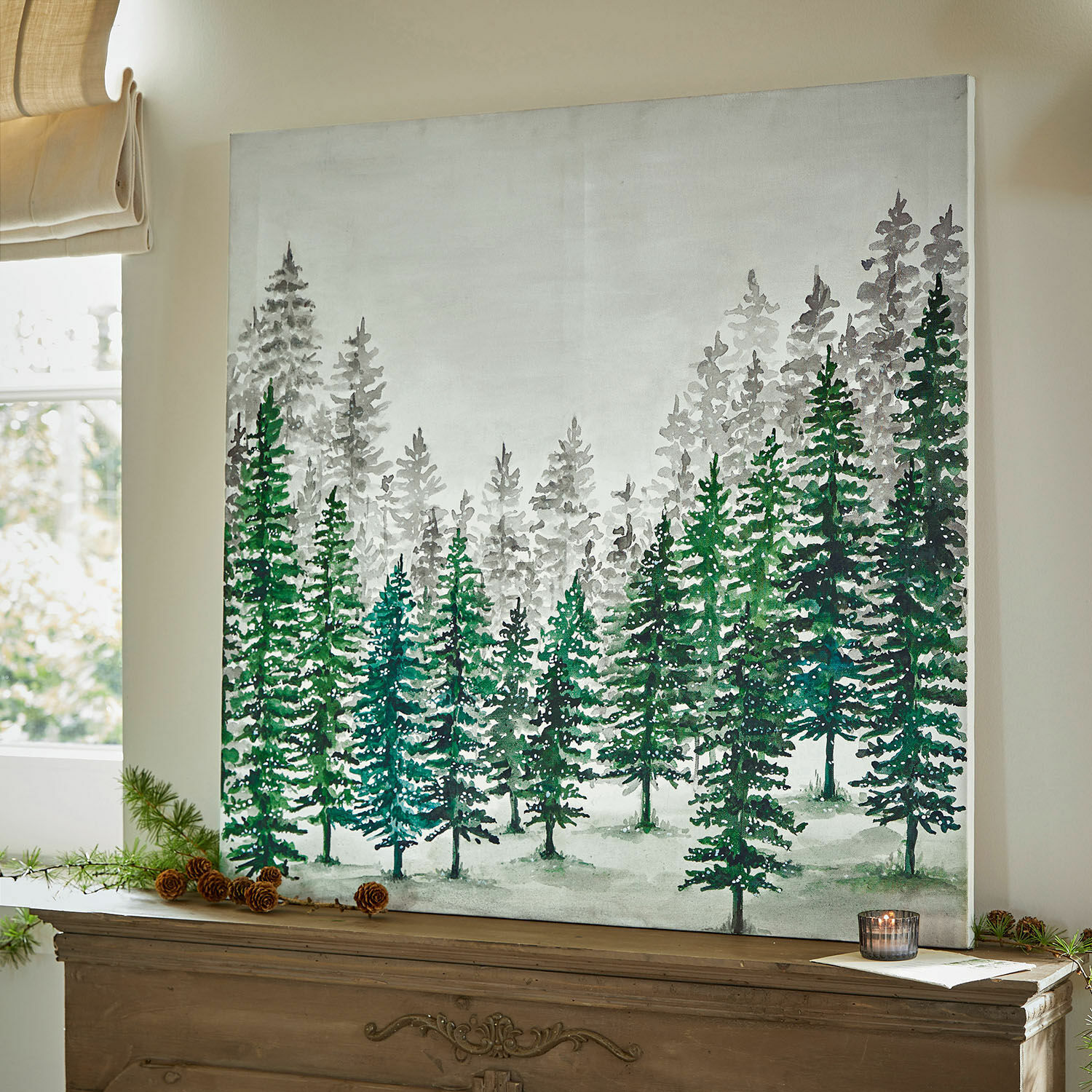 Obraz Mierta Obraz na plátně se zelenými a šedými smrky, přírodní nástěnná dekorace do obýváku