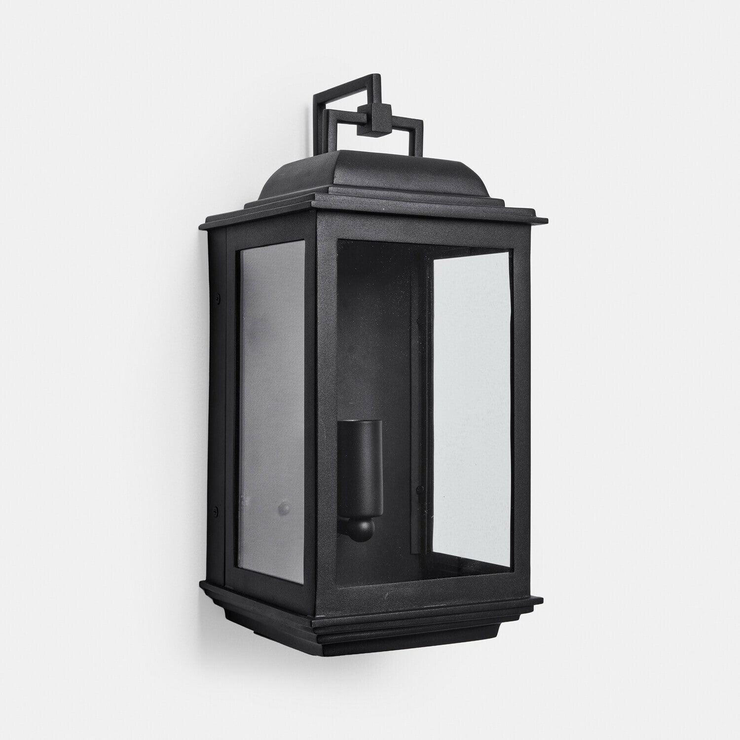 Venkovní nástěnná lampa Tovre Černé kovové nástěnné svítidlo s průhledným sklem a geometrickým držadlem pro venkovní osvětlení