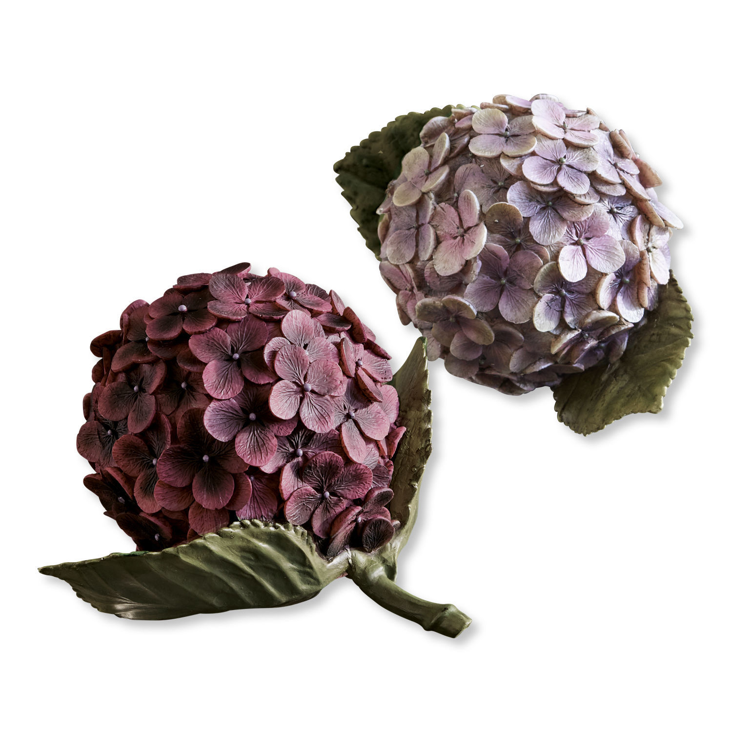 Sada 2 dekorativních fialových hortenzie se zelenými listy, ozdoba do interiéru