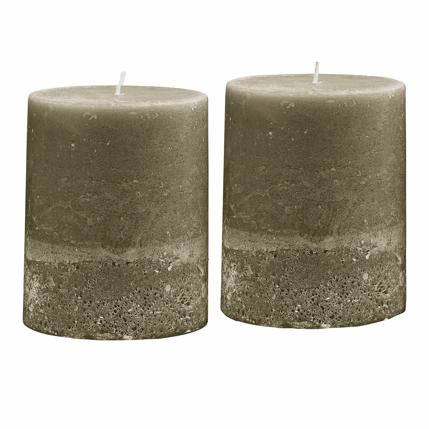 Sada dvou olivově zelených svíček Oviedo s rustikální texturou pro domácí dekoraci
