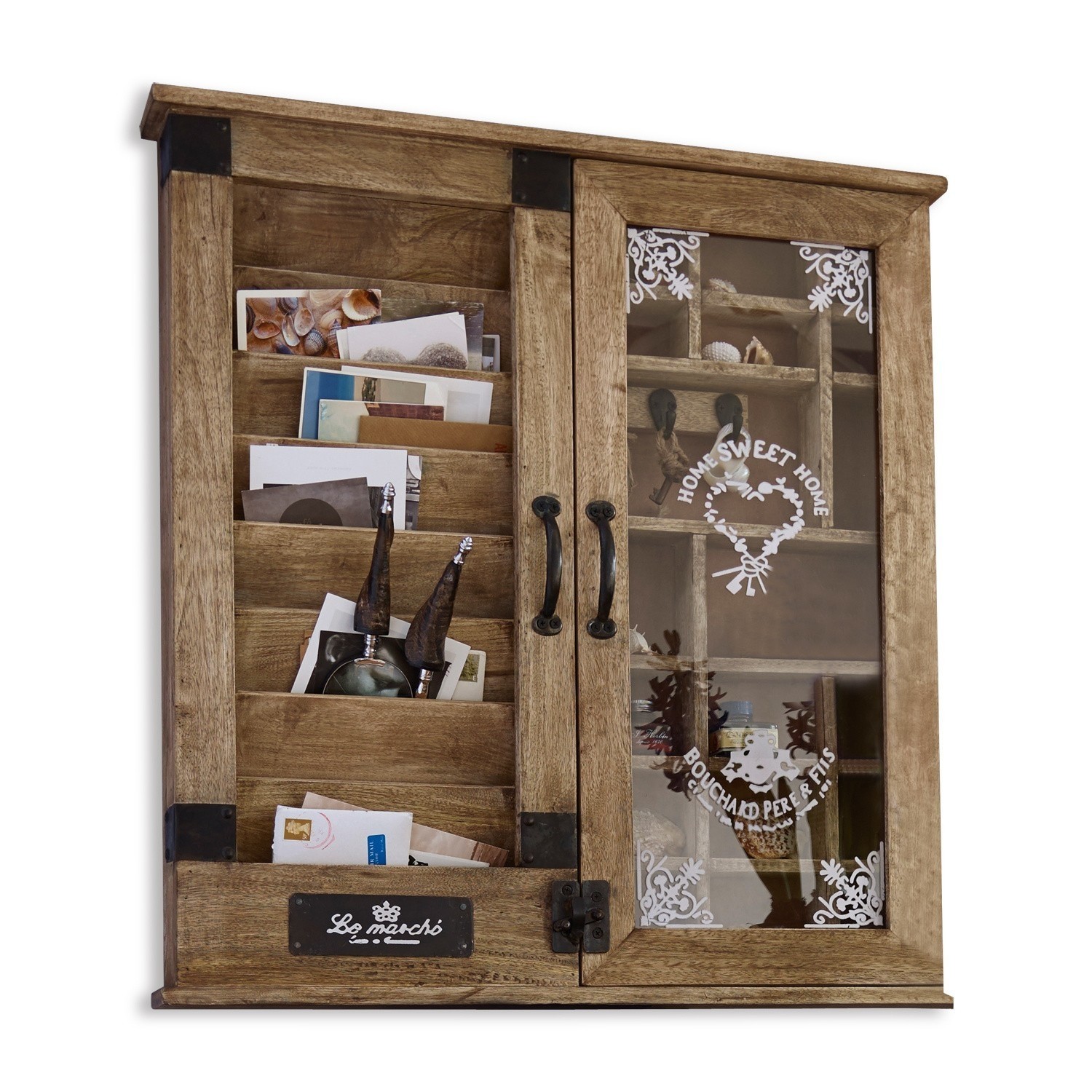 Organizér Shelby Dřevěná nástěnná skříňka s přihrádkami a skleněnými dveřmi s nápisem Home Sweet Home
